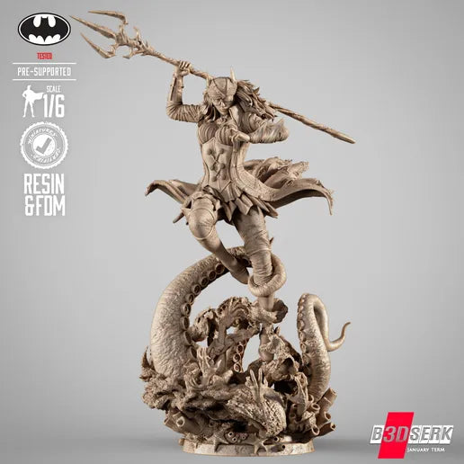 Unpainted resin Drowned Batman Bryce Wayne statue kit, posed with trident and flowing cape.