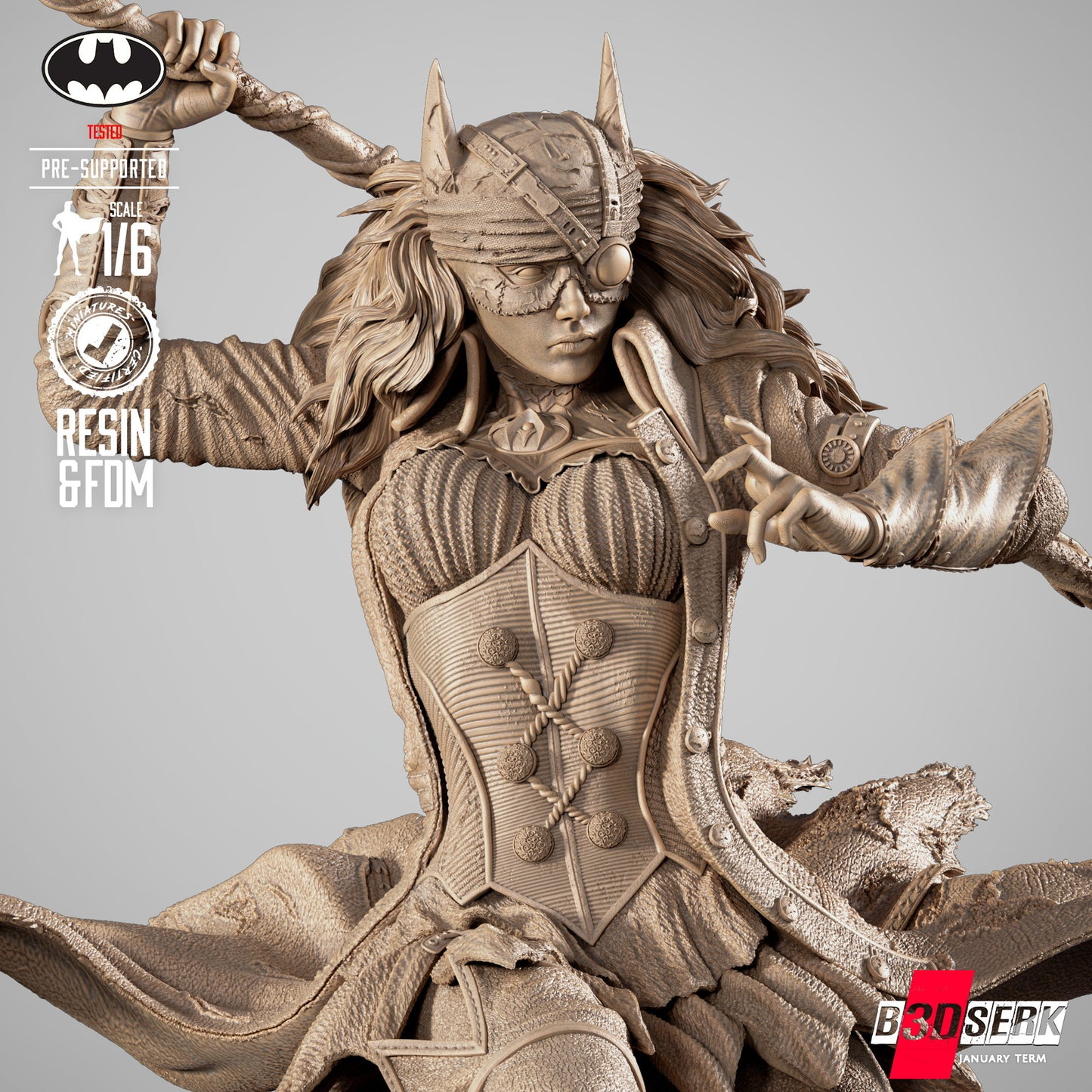 Close-up of Bryce Wayne’s armored face and aquatic helmet details from Earth-11 sculpt.