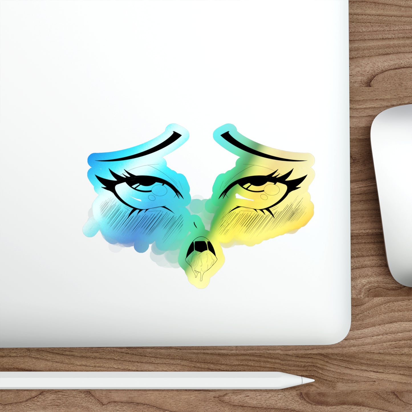 Ahegao Rolling Eyes with Mouth Holographic Sticker – Anime Face Expression Decal for Laptop, Water Bottle, Journal, or Car