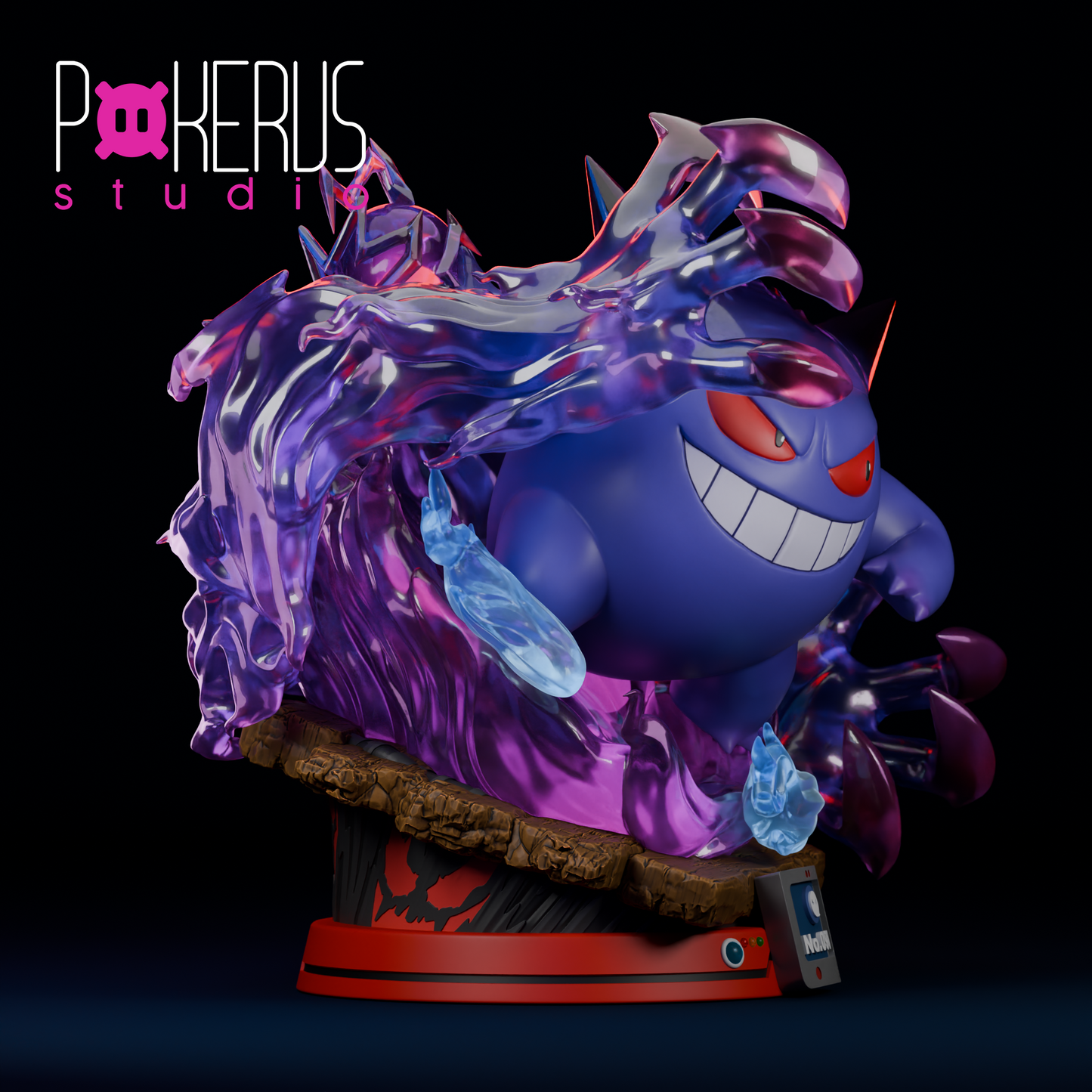 Painted Gengar display statue with purple ghost-type effects and dynamic battle stance.