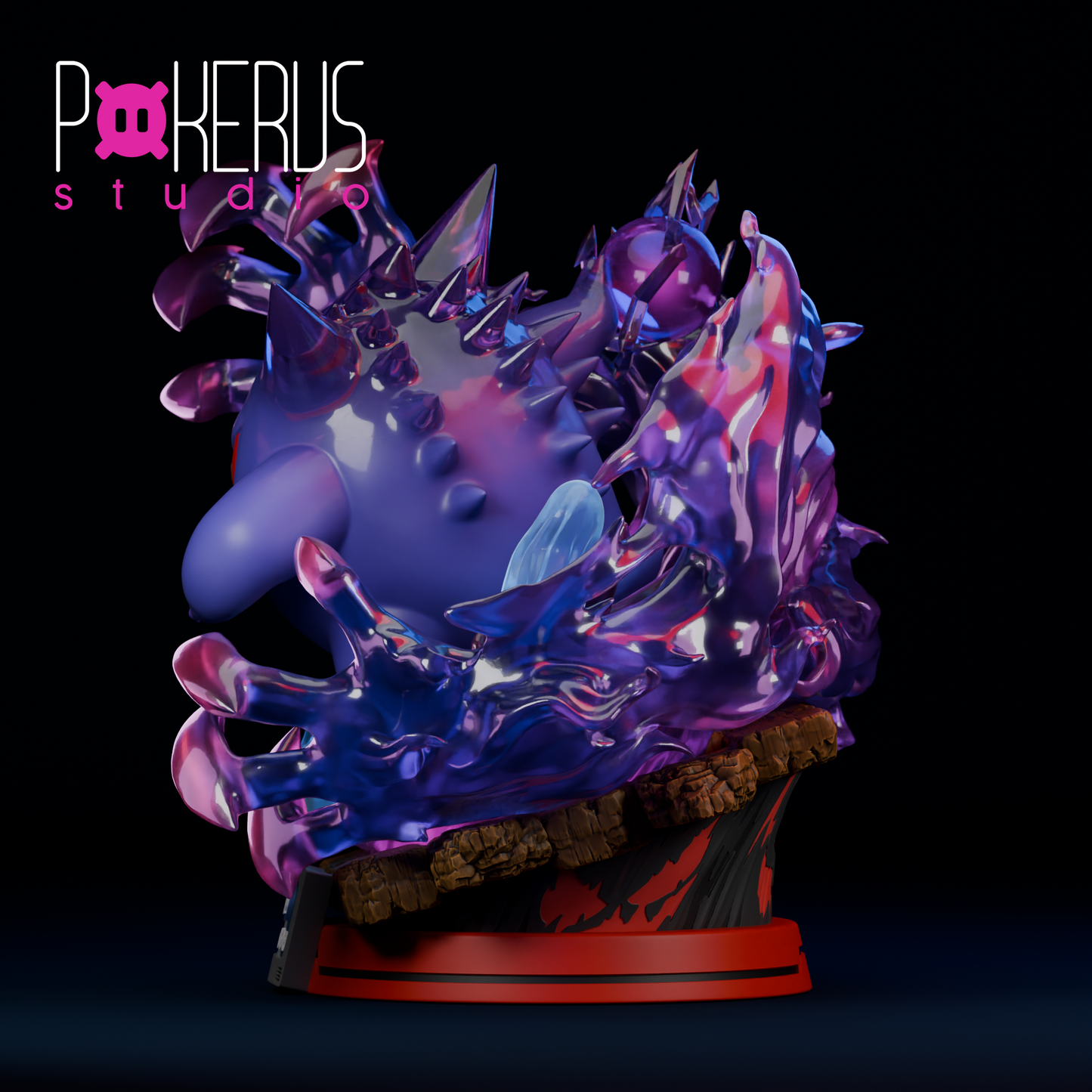 Close-up of Gengar’s grinning face and swirling Shadow Ball effect, 3D printed collectible figure.