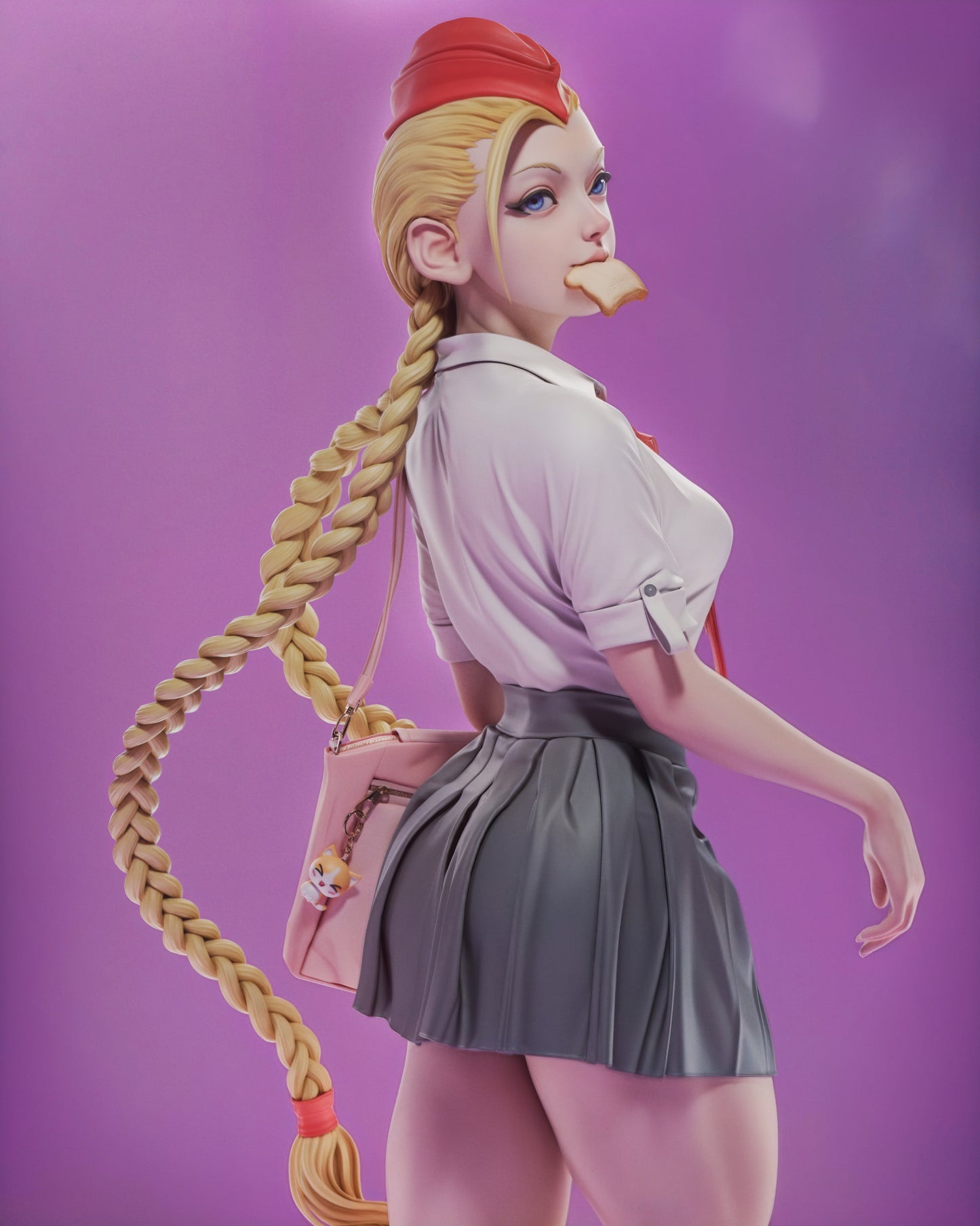 Unpainted resin Highschool Cammy statue kit in school uniform and combat pose.