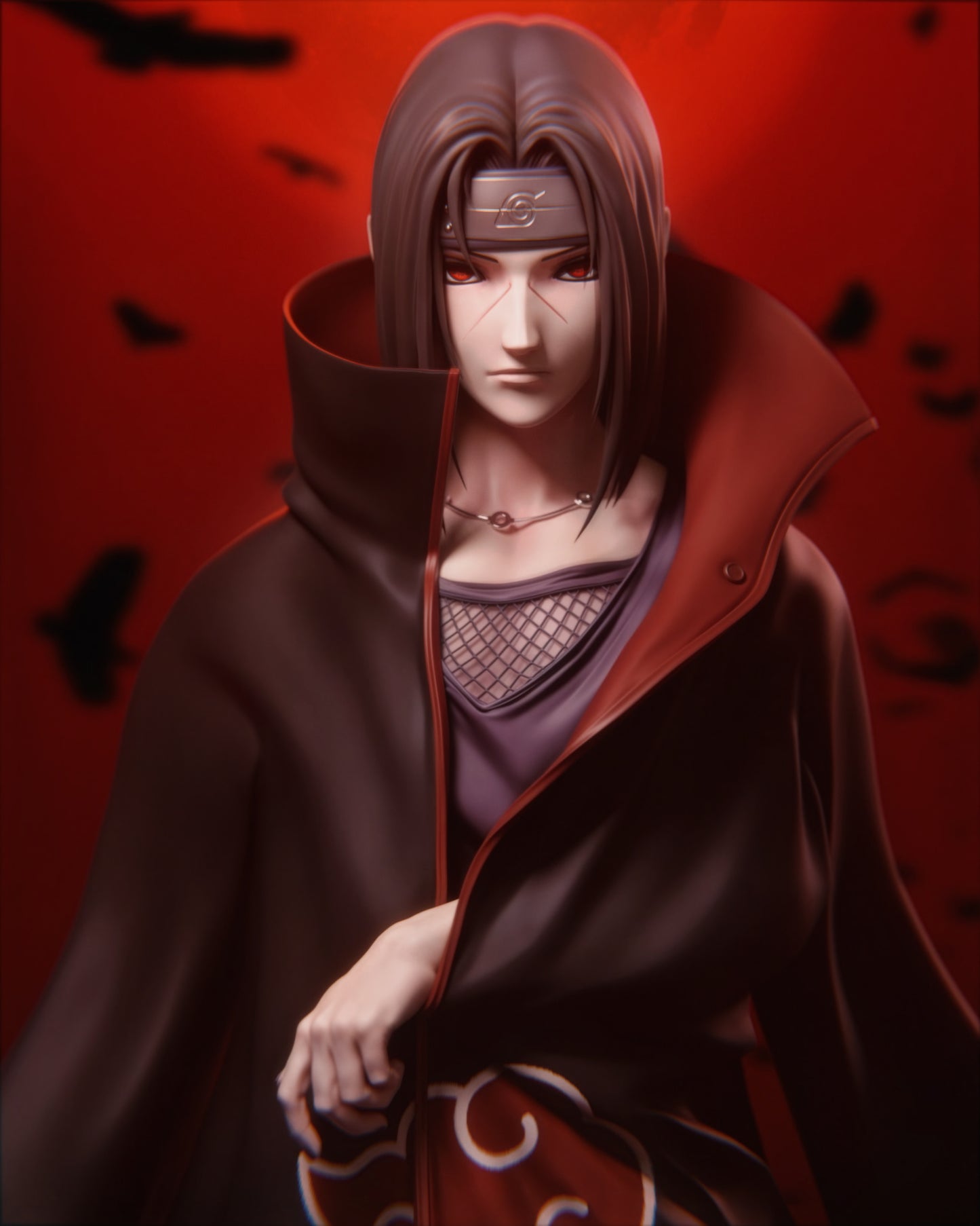 Close-up of Itachi’s face and Sharingan eyes in sculpt detail.