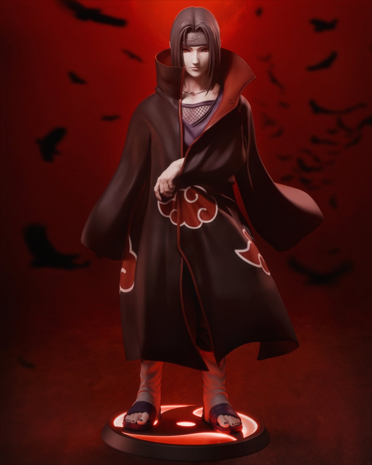 Painted Itachi Uchiha statue with glowing red Sharingan effects.