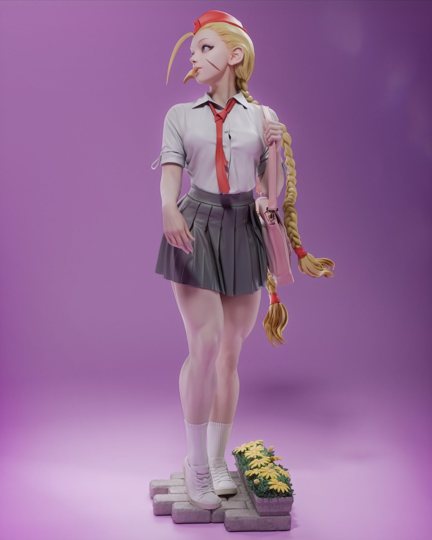 Close-up of Cammy’s detailed face and braided hairstyle in Highschool variant.