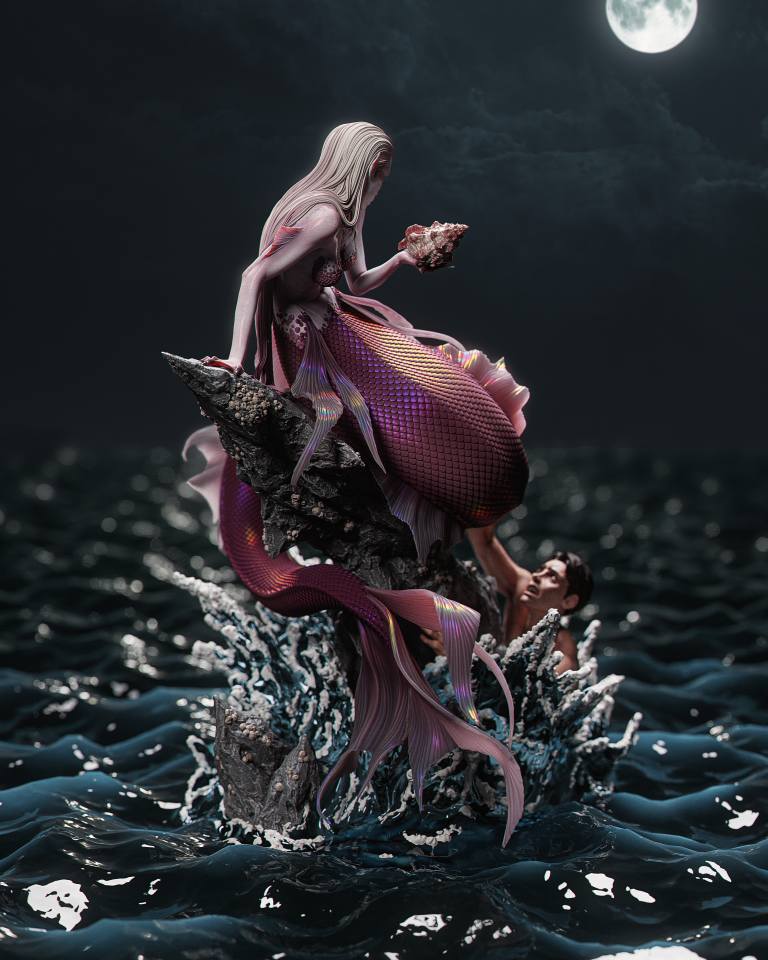 Mermaid in a dark ocean with a man and moonlit sky