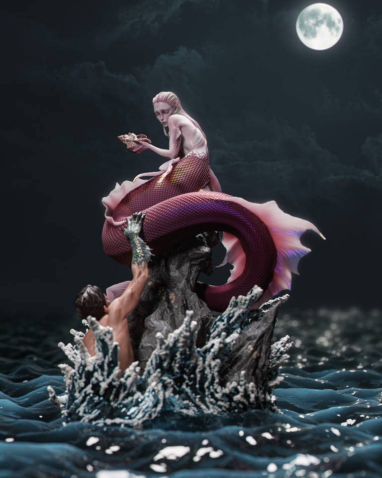 Mermaid and fisherman in a fantasy scene with a full moon and dark sky.