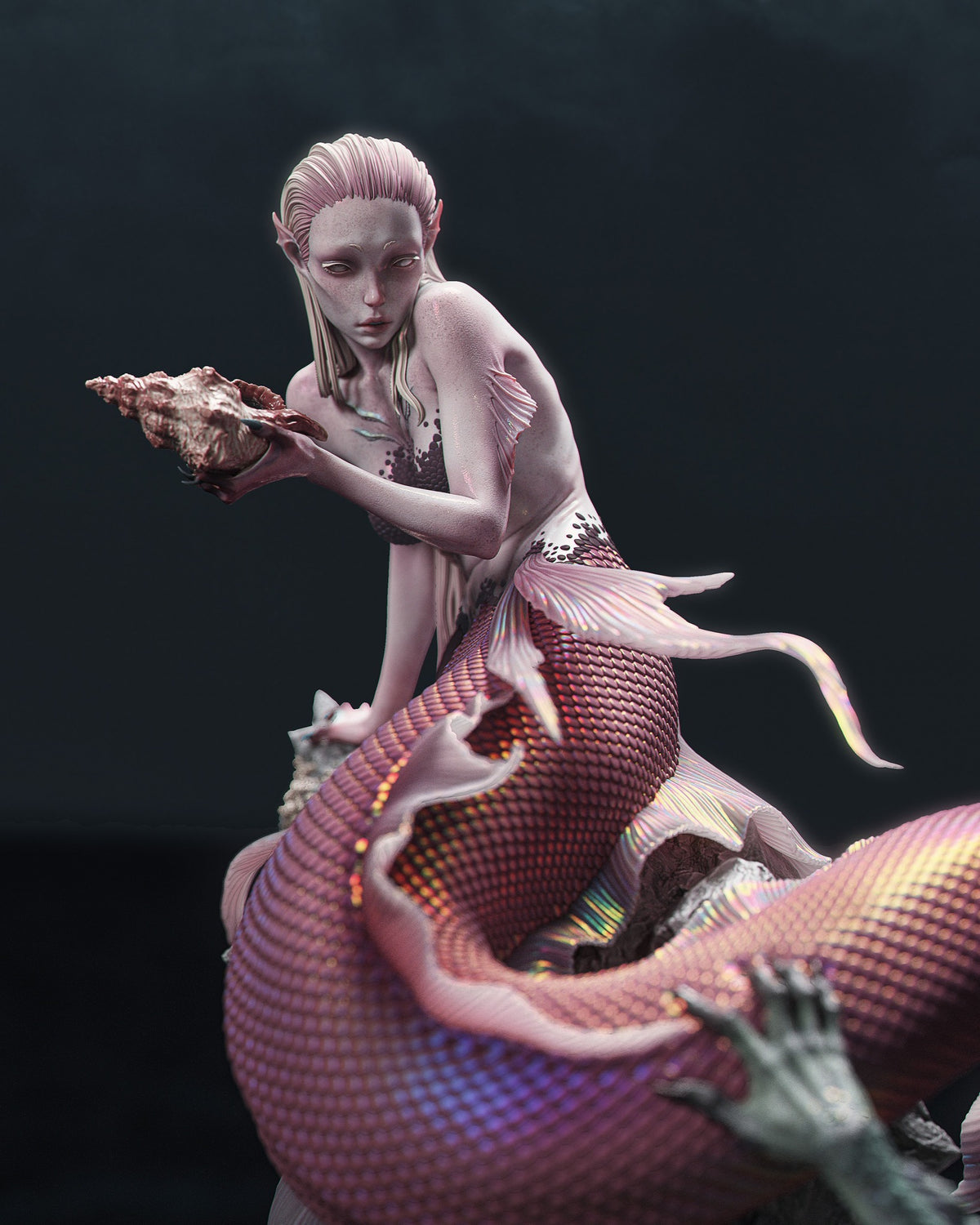 Mermaid-like creature with a shell and dragon-like tail on a dark background
