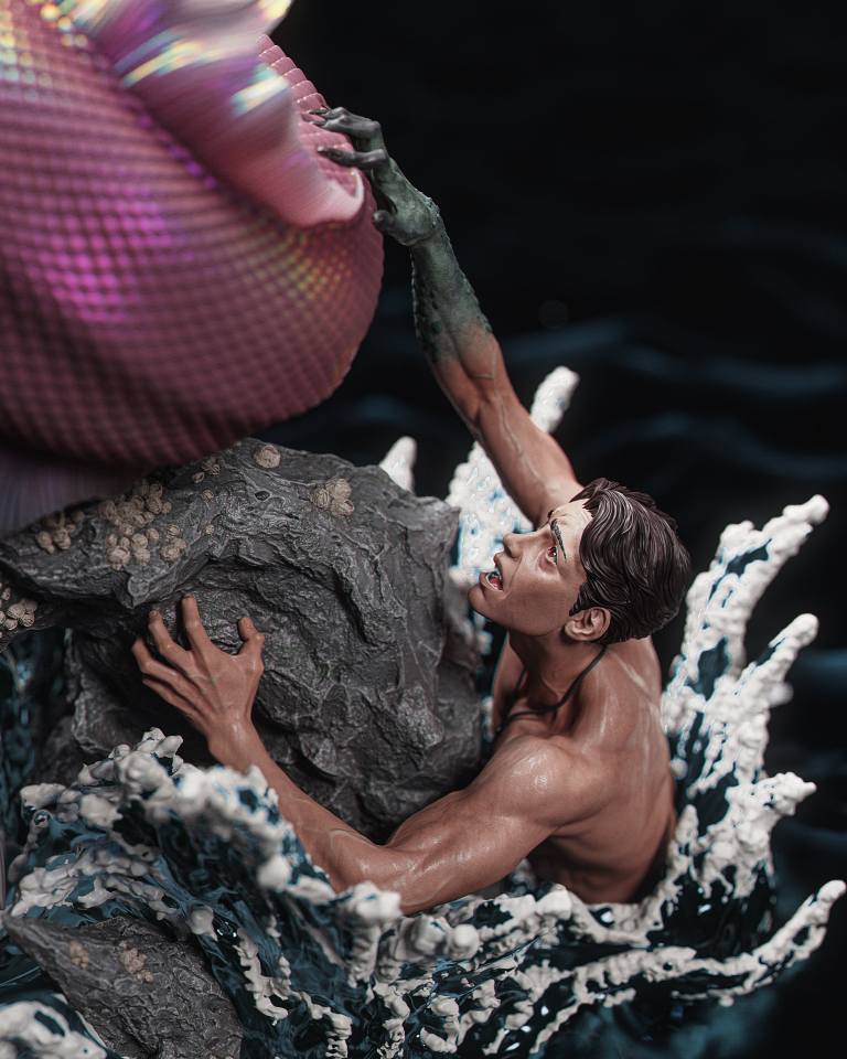 Statue of a man climbing a rock with a colorful, textured background