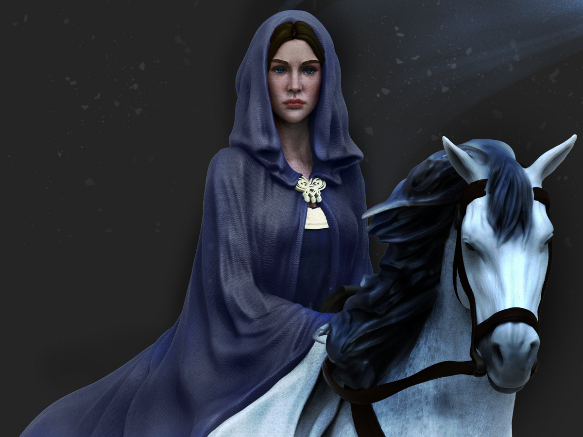 Close-up of horse head and rider armor detailing.