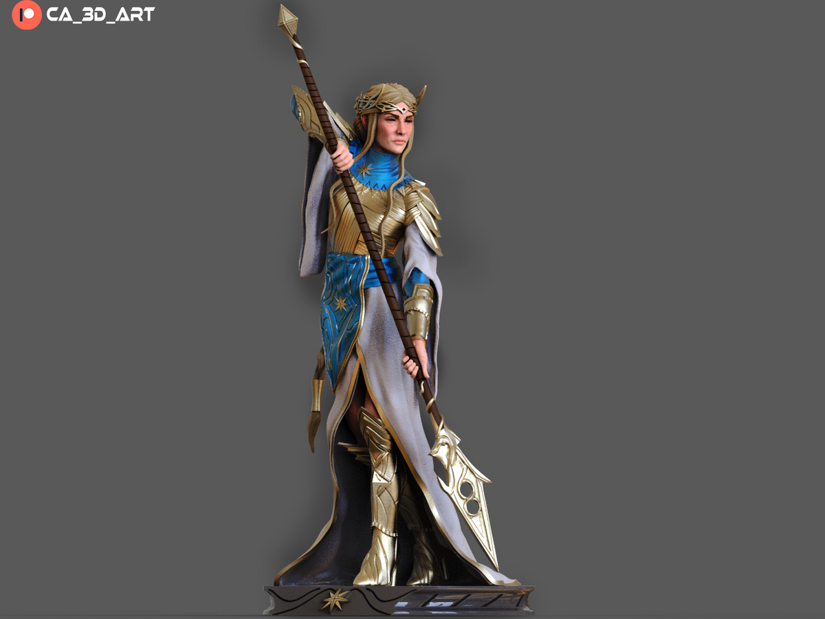 Painted Galadriel-style statue glowing with soft gold and silver hues.