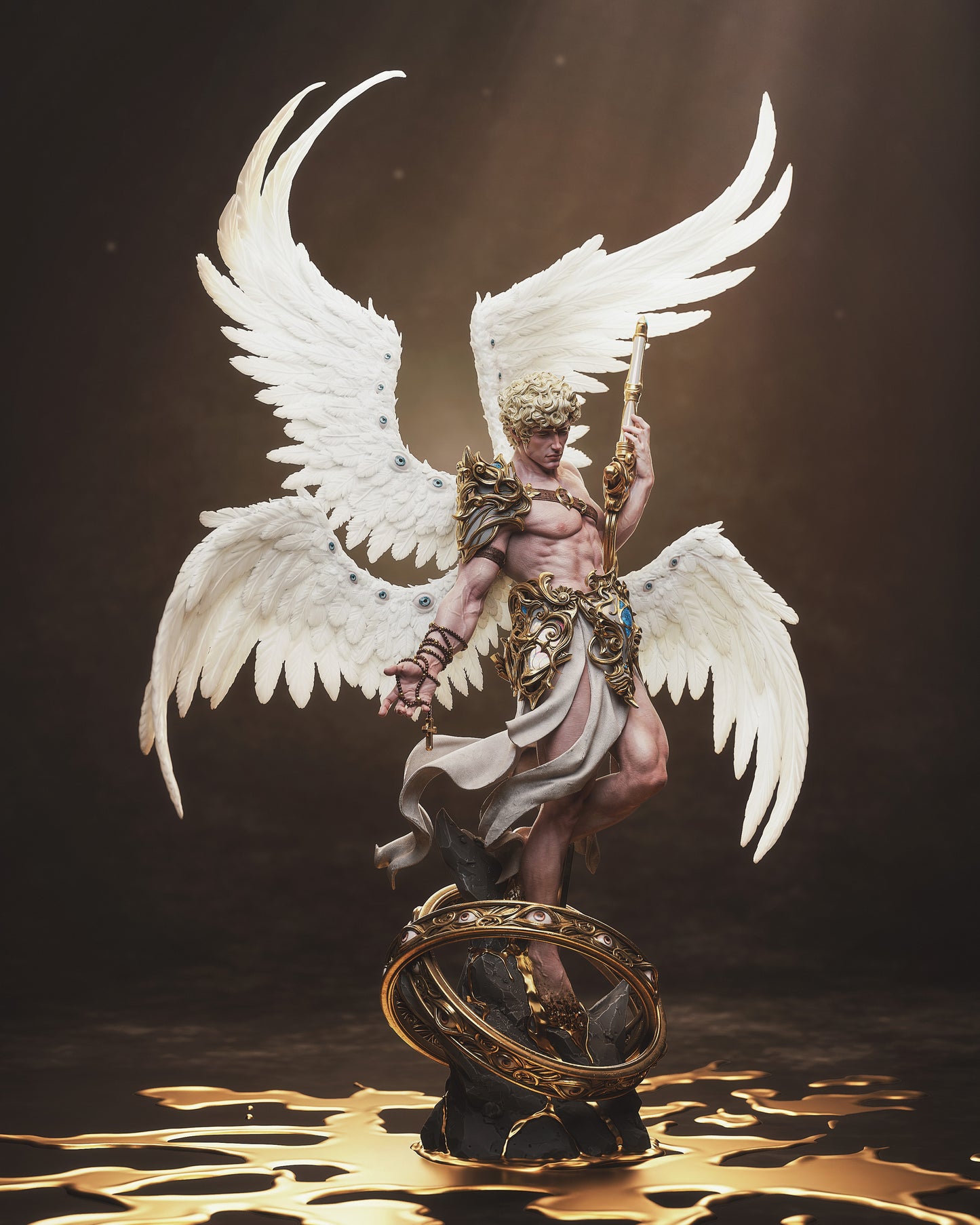 Painted cherubim angel statue with glowing effects.
