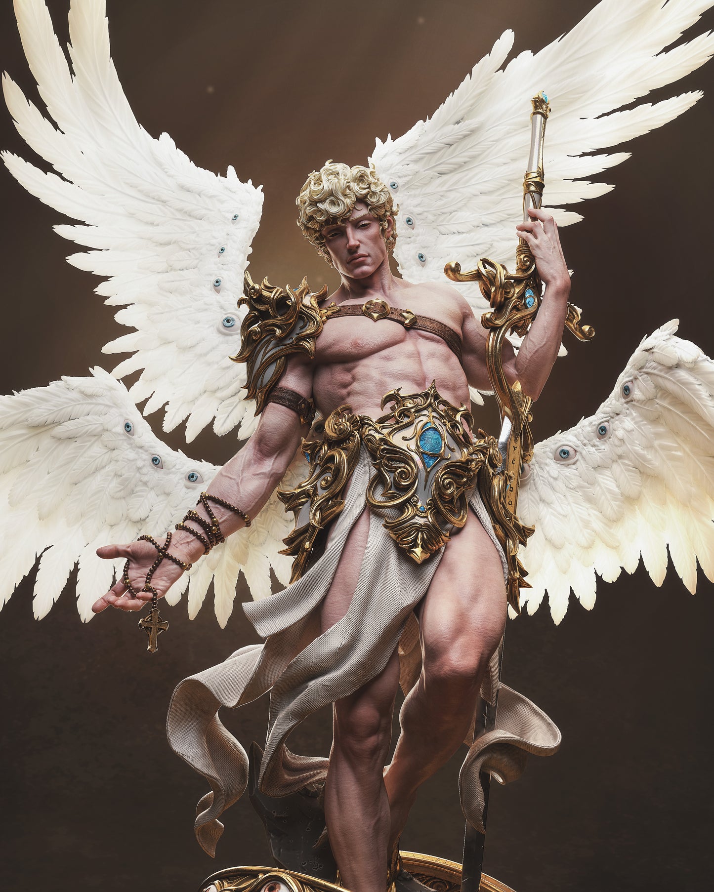 Close-up of angelic face and sculpted feathered wings.