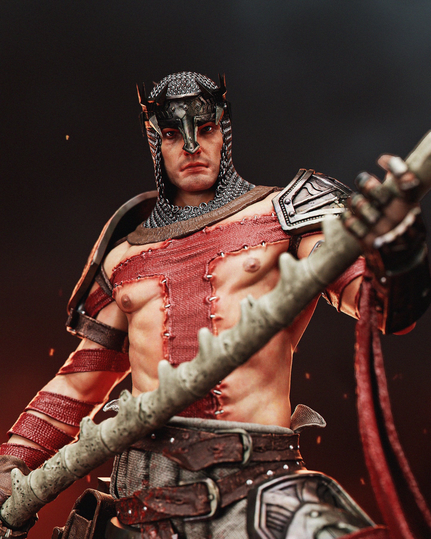 Close-up of Dante’s detailed face and helmet.