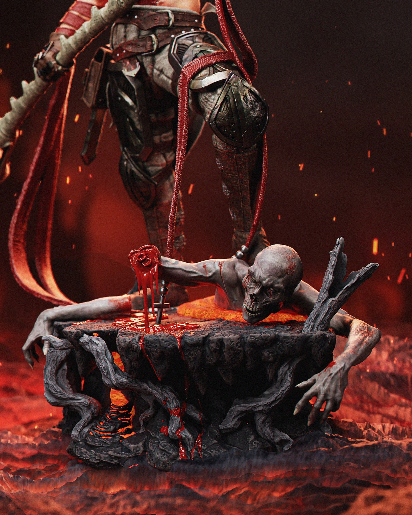 Slain demon by Dante with a bloodied hand reaching into a bowl, set against a dark background.