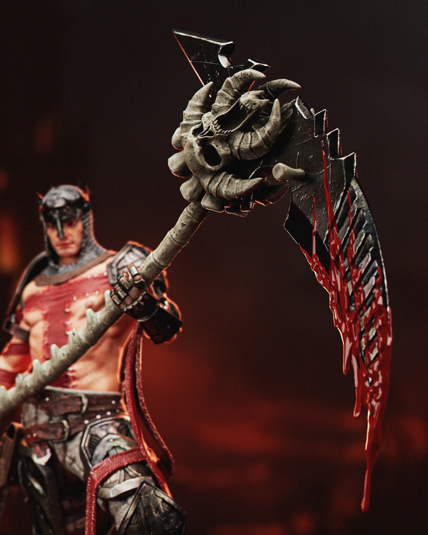 Dante holding a large scythe with intricate design against a dark background