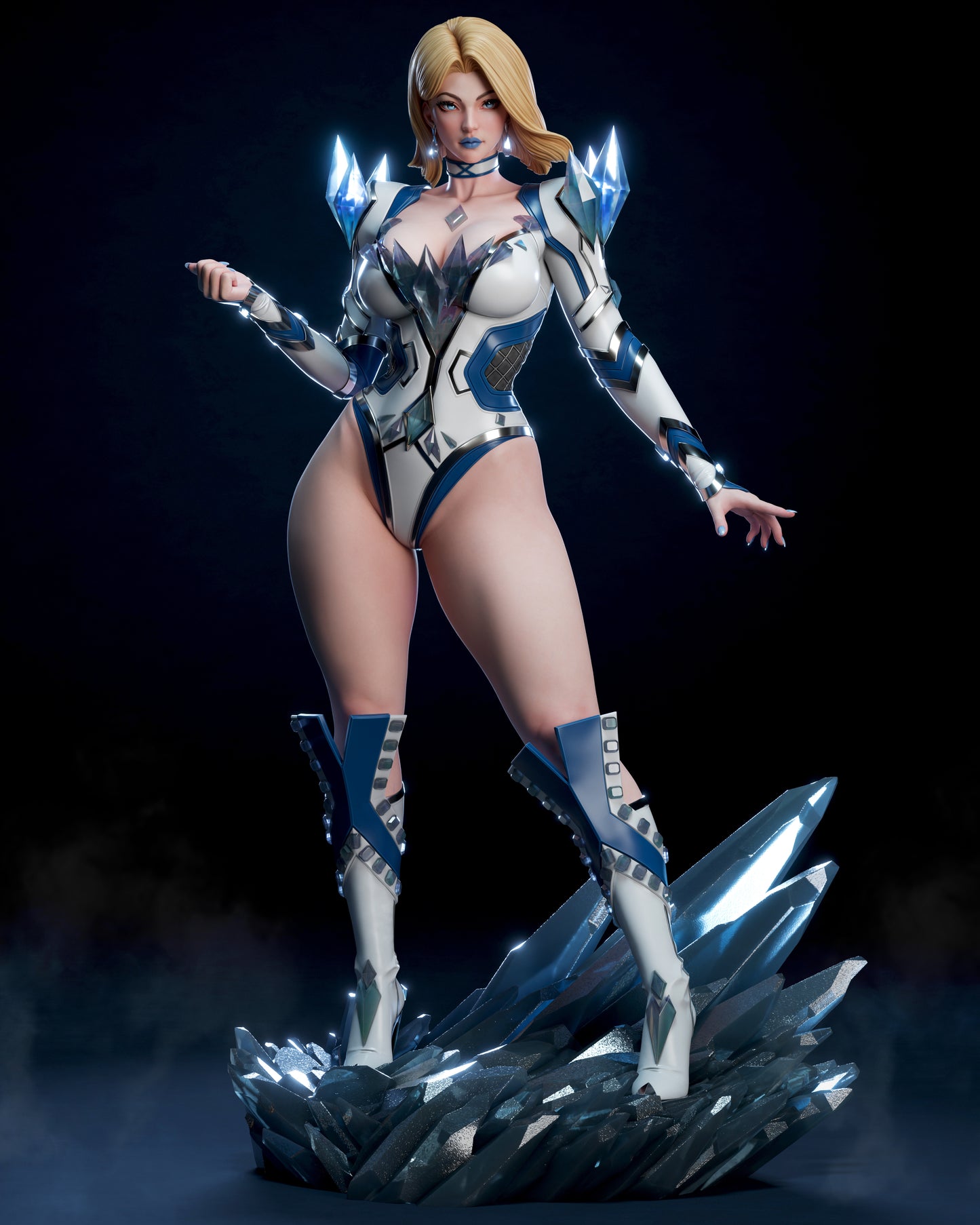 Painted Emma Frost statue in white costume and shimmering accents.