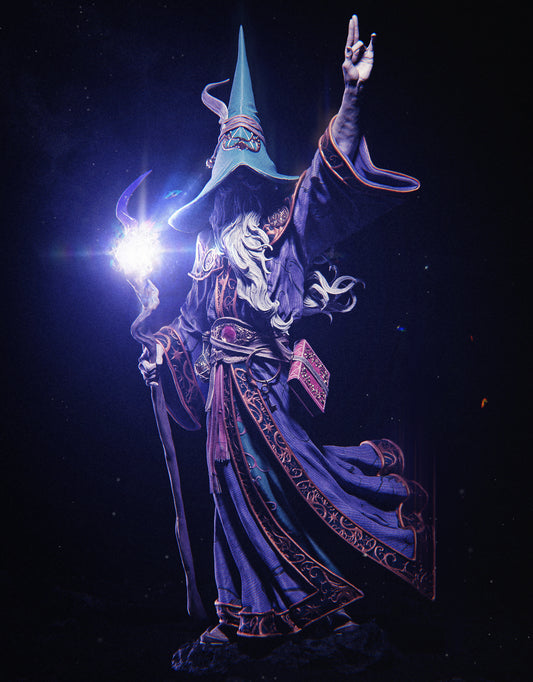 Painted Merlin statue with glowing staff and magical effects.
