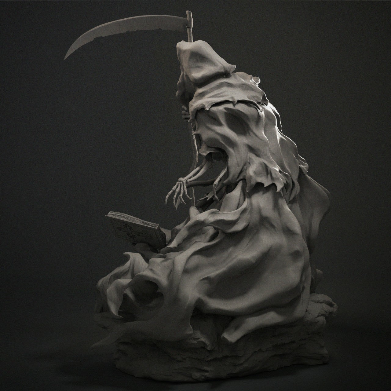 Statue of a hooded figure with a scythe on a dark background