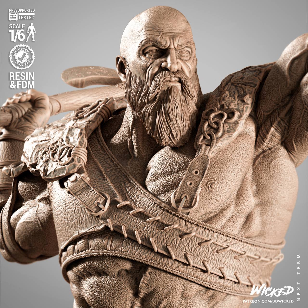 Detailed Kratos face sculpt – unpainted resin model from God of War