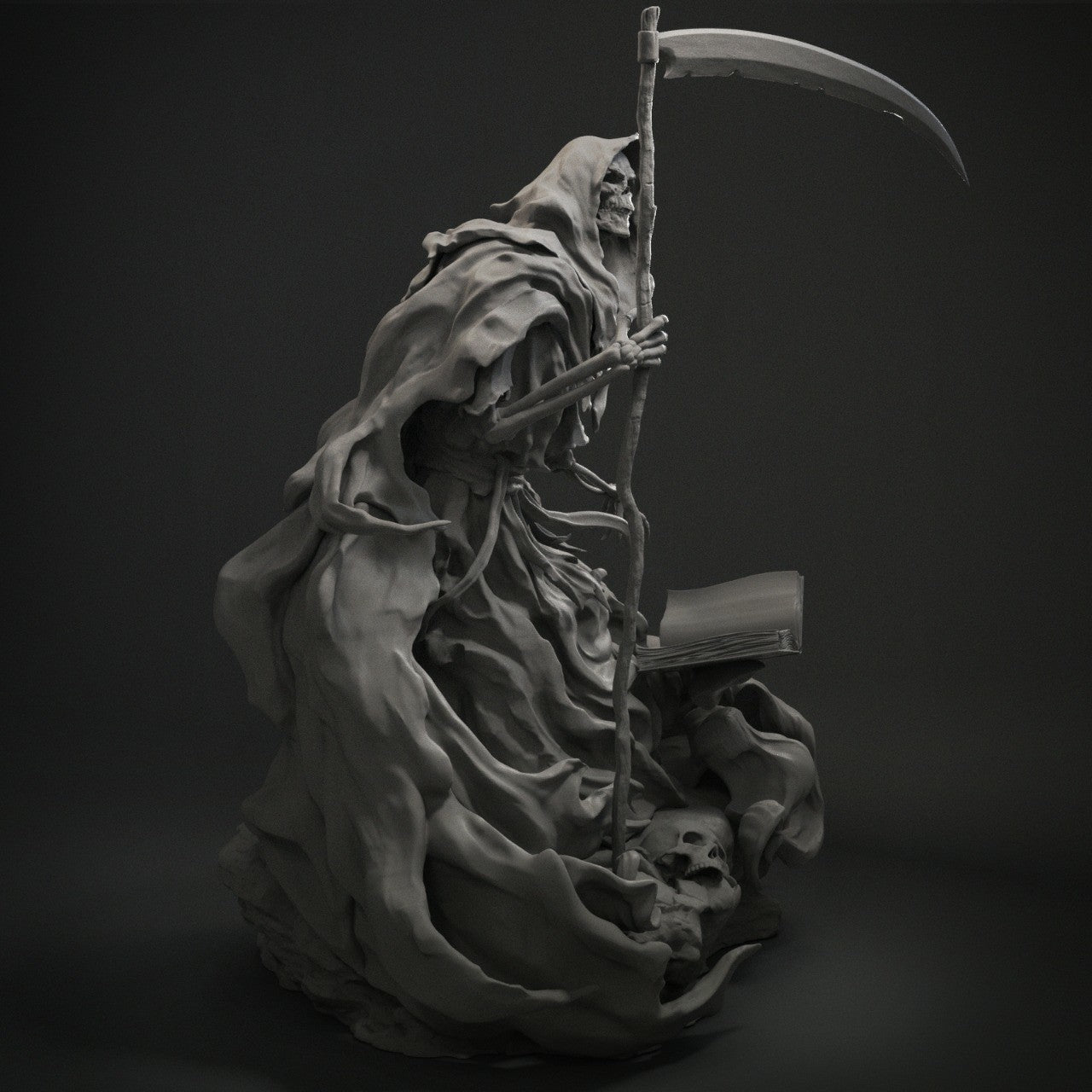 Statue of a Grim Reaper holding a scythe on a dark background