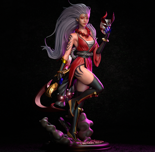 Painted Blood Moon Diana statue with glowing red effects.