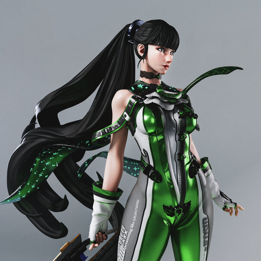 Close-up of Eve’s sculpted face and detailed armor plating.