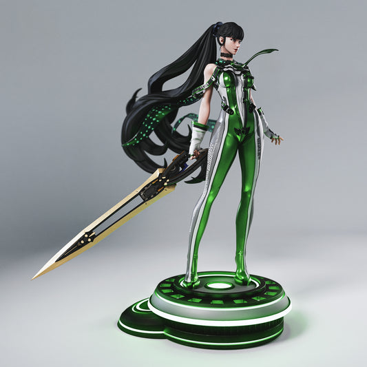 Painted Eve statue with glowing neon blade and armor accents.