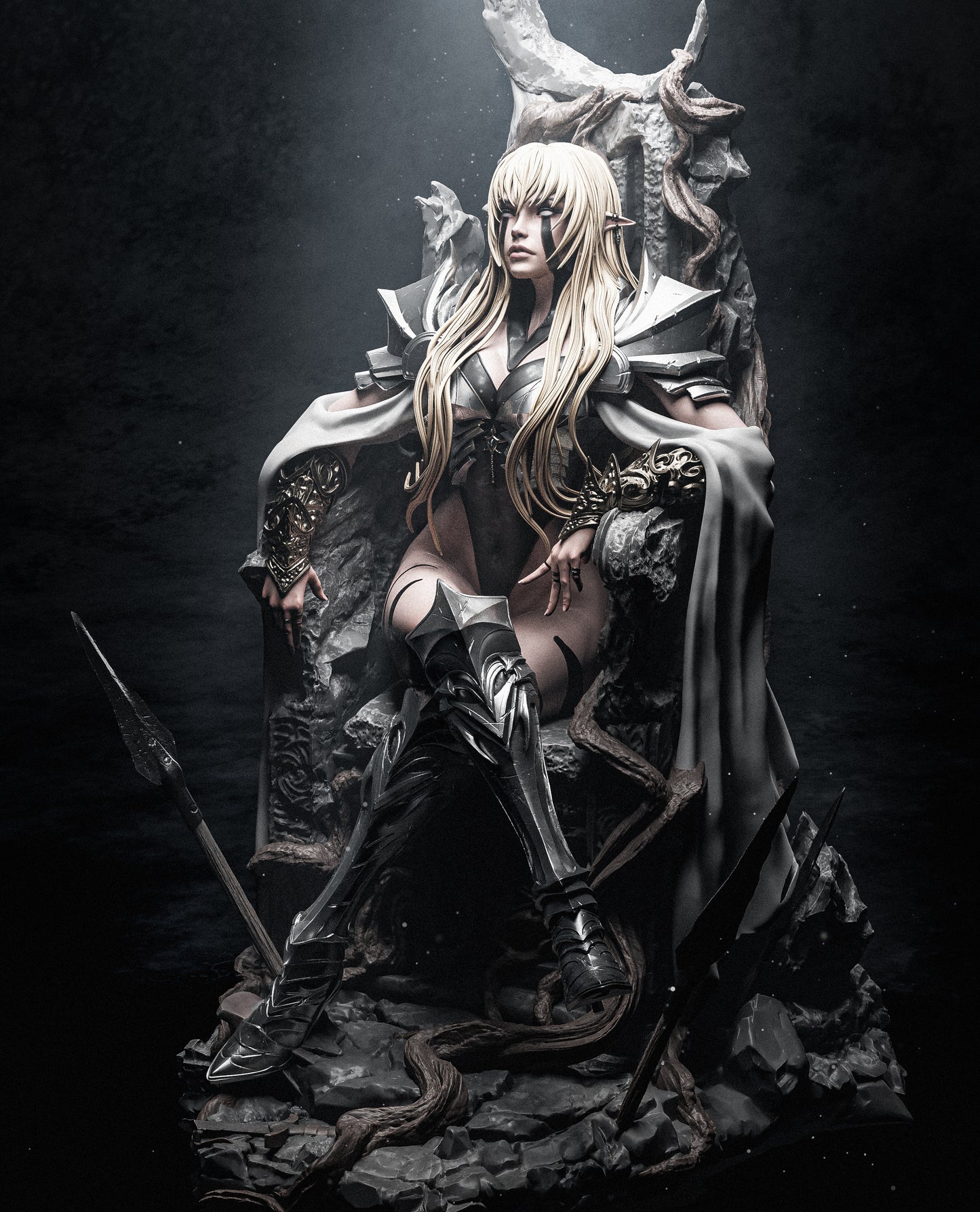 Statue of a character in dark, ornate clothing with a spear on a black background