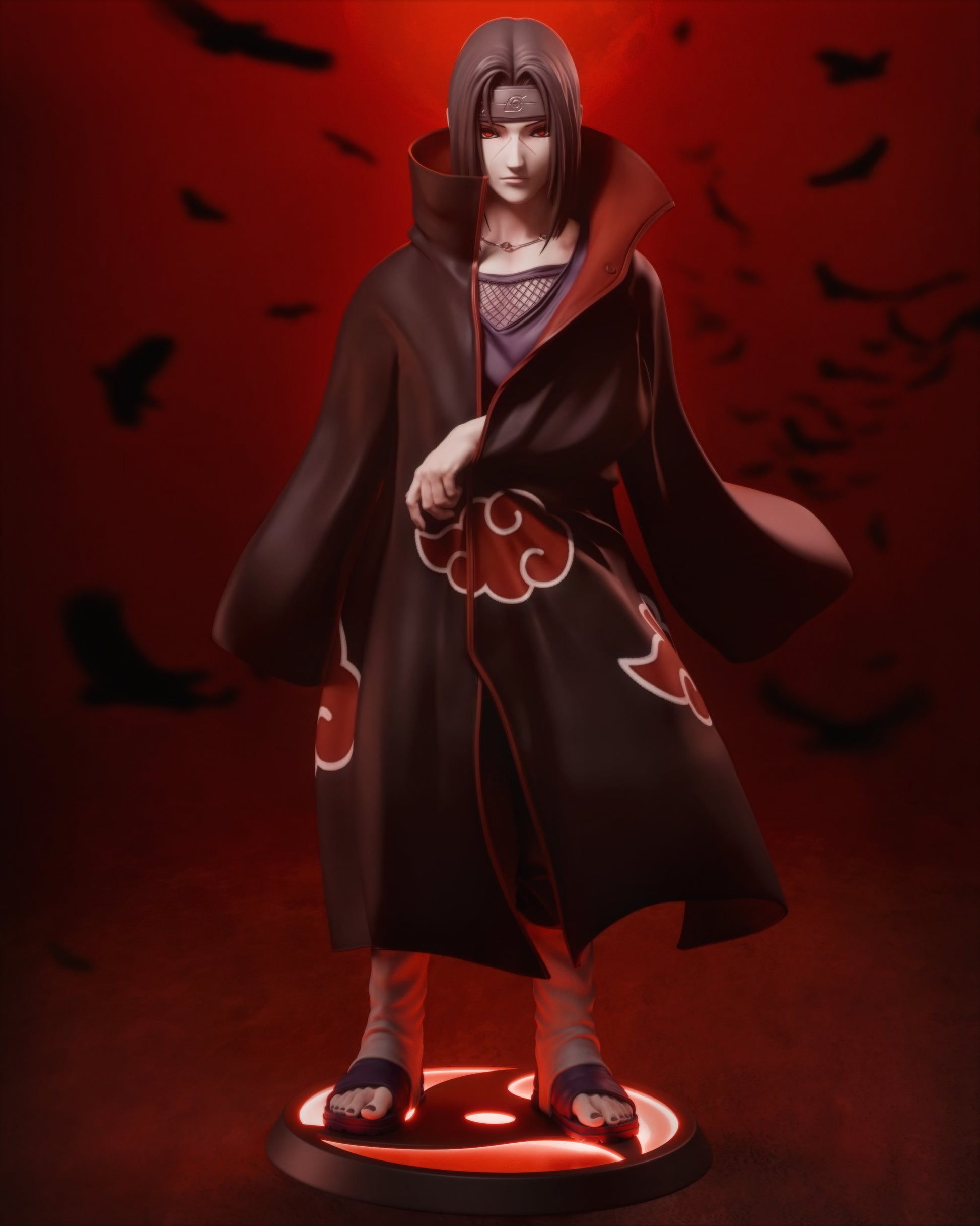 Painted Itachi Uchiha statue with glowing red Sharingan effects.