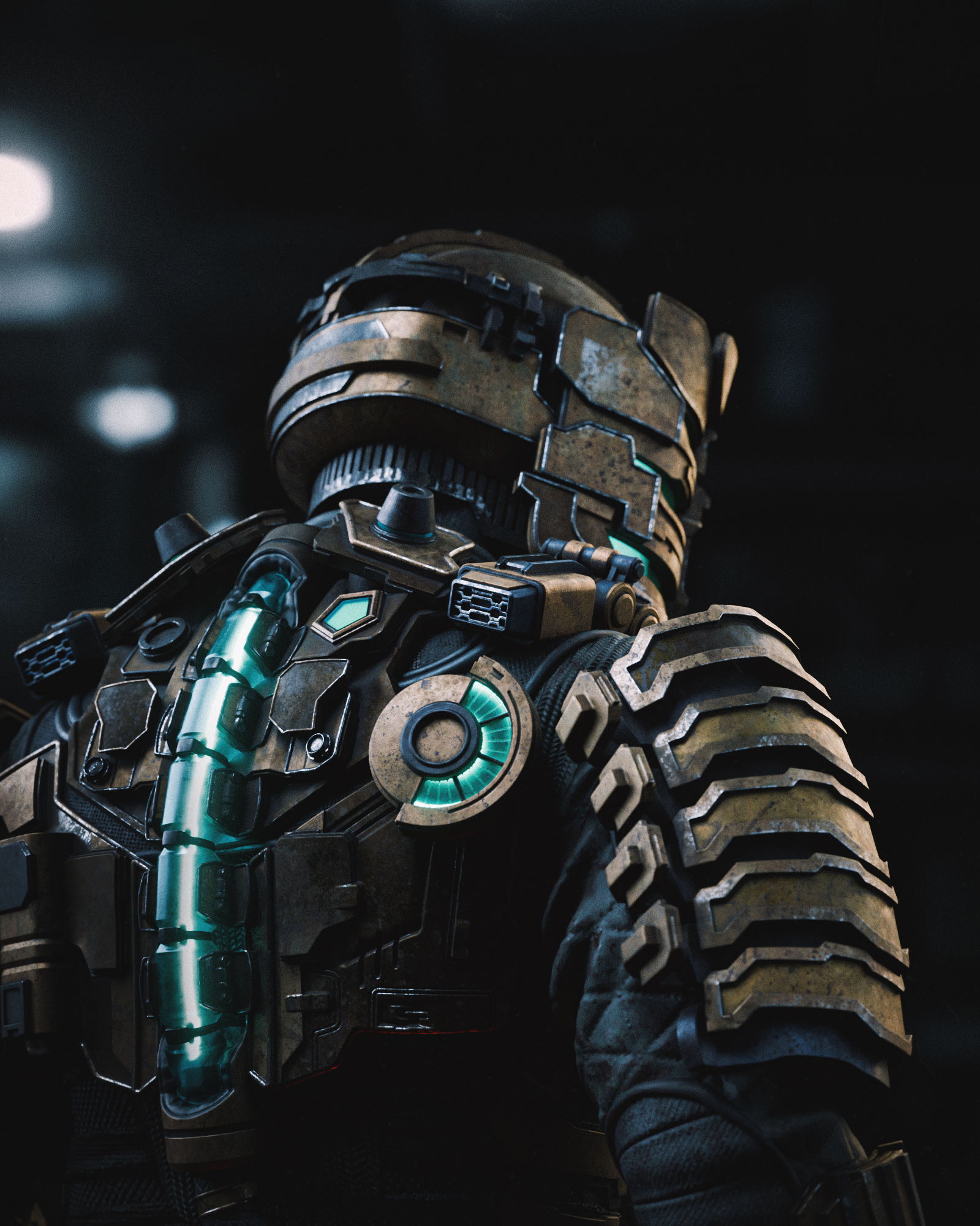 Close-up of Isaac’s glowing visor and armored suit details.
