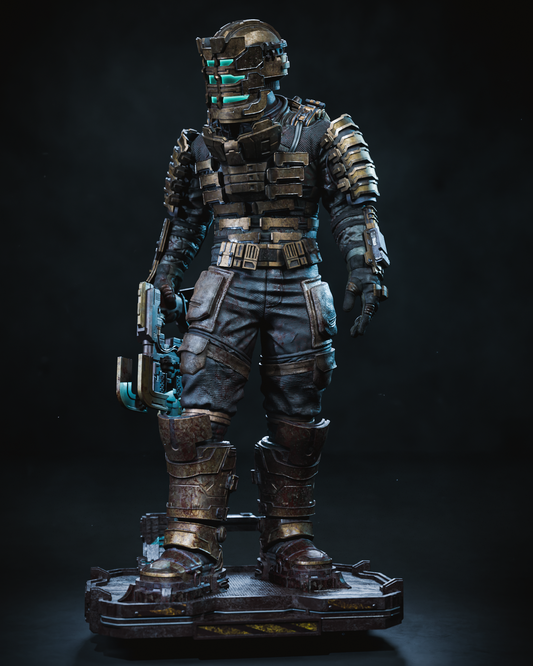Painted Isaac Clarke statue with weathered metallics and glowing visor.