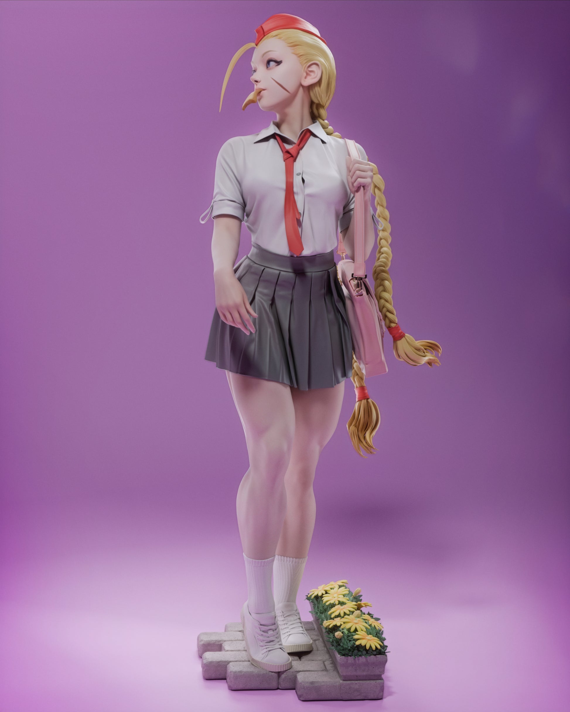 Close-up of Cammy’s detailed face and braided hairstyle in Highschool variant.