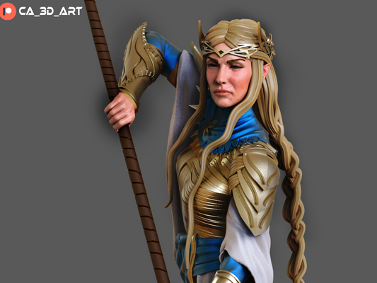 Close-up of Galadriel-inspired face sculpt and staff detailing.