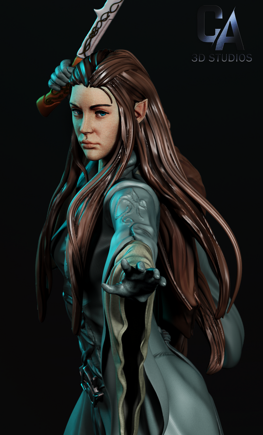 Close-up of Arwen-inspired face sculpt and flowing hair.