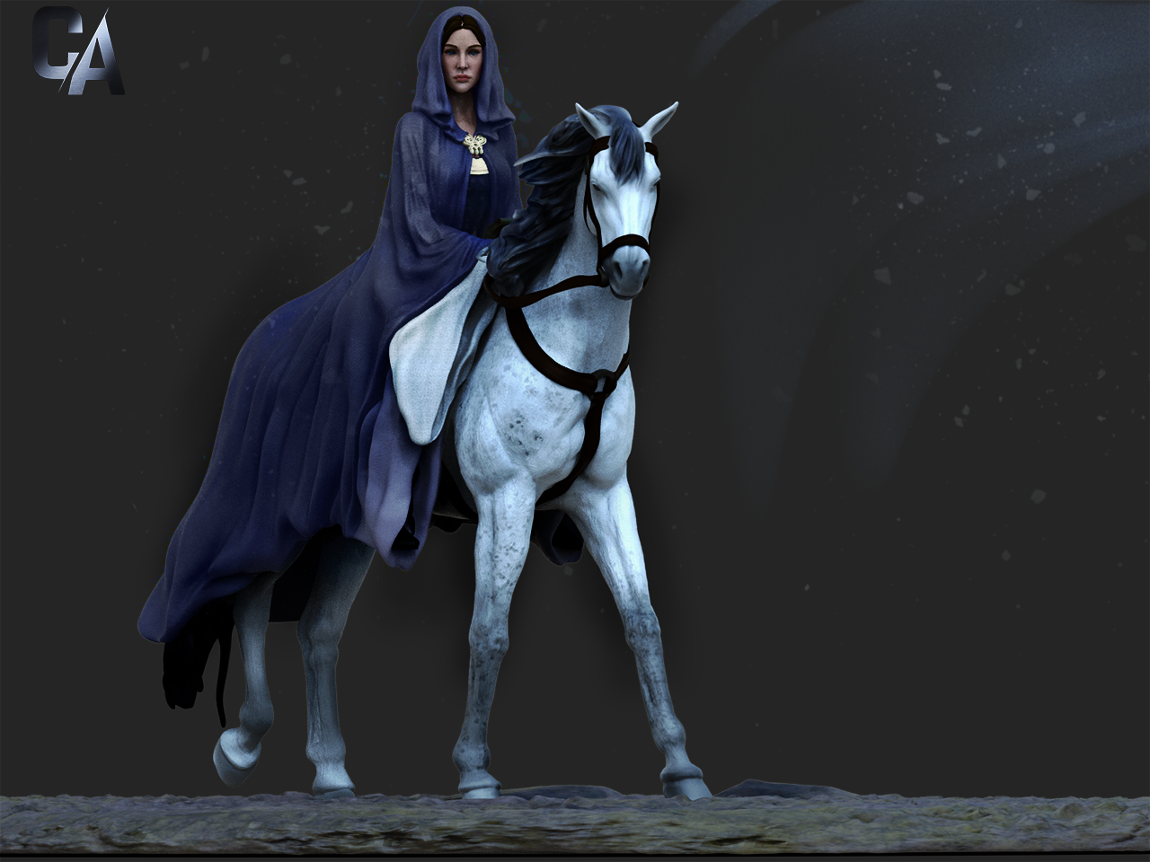 Painted Arwen-inspired horse statue with ethereal lighting and motion.