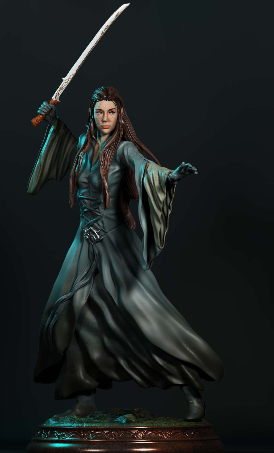 Painted Arwen-style statue with shimmering metallic armor and soft elven tones.