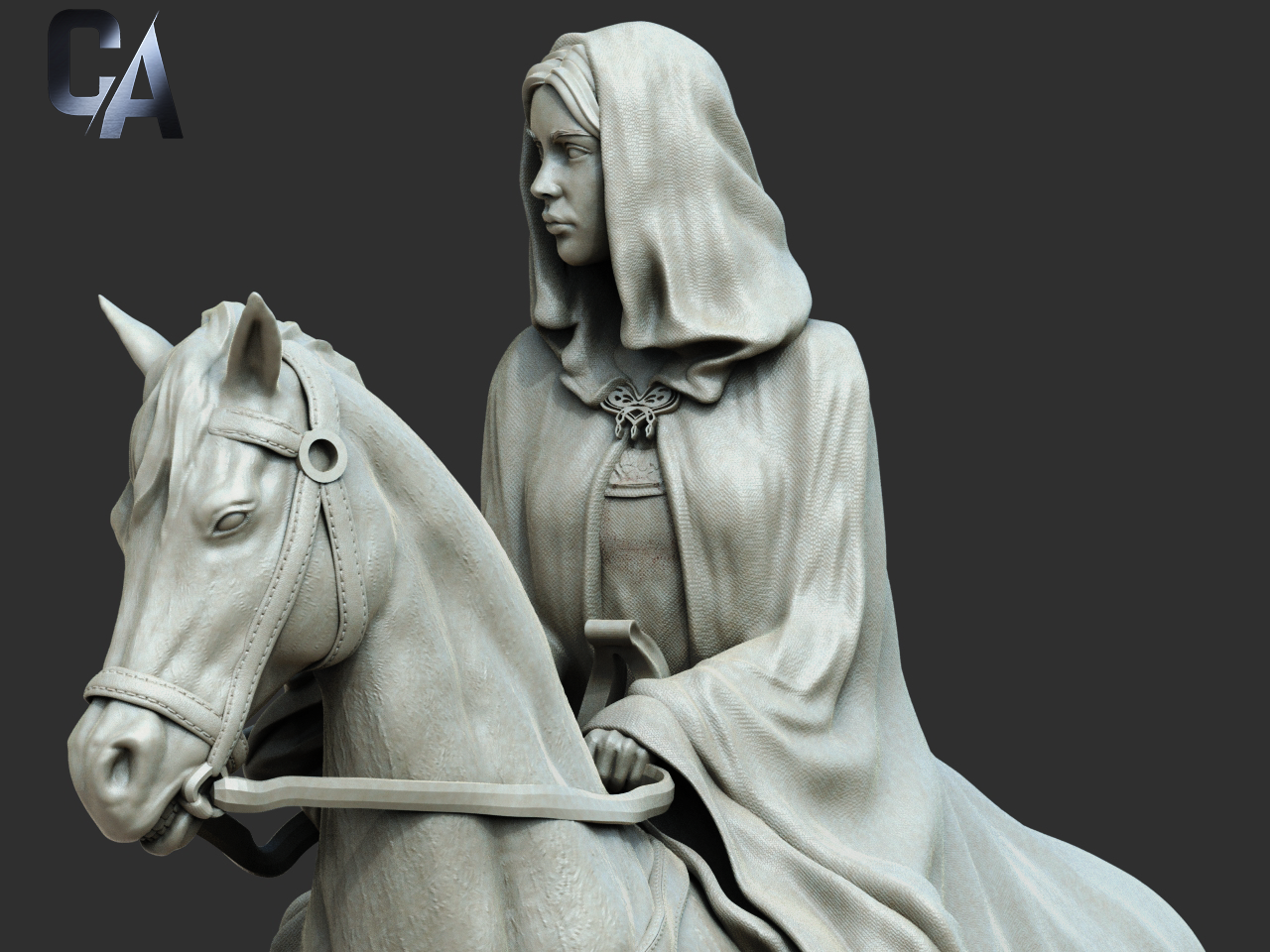 Unpainted Arwen-style horse rider resin kit with flowing cloak.