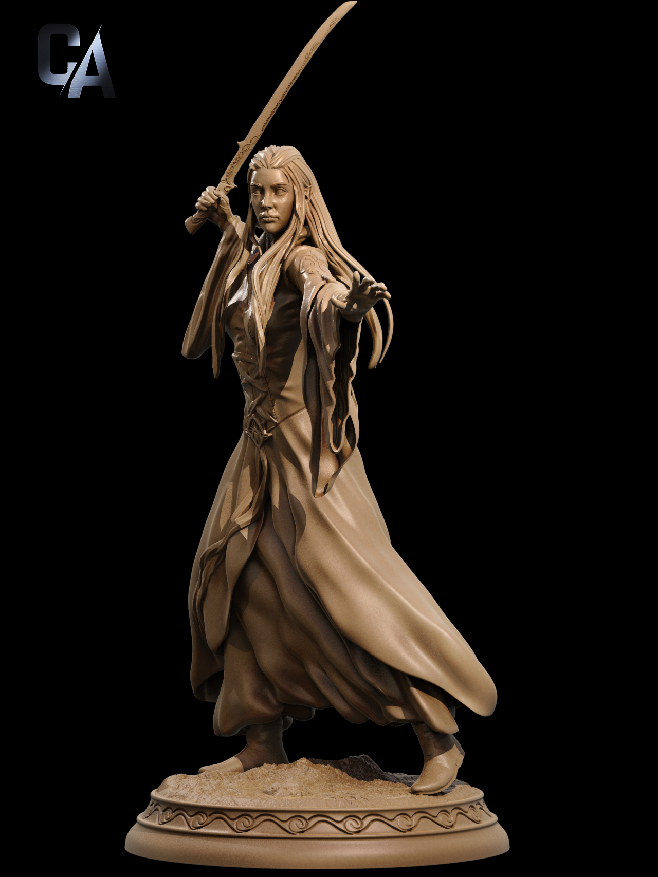 Unpainted Arwen-style shieldmaiden resin kit with sword and elven armor.