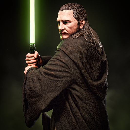 Close-up of Qui-Gon’s sculpted Jedi robes and calm face.