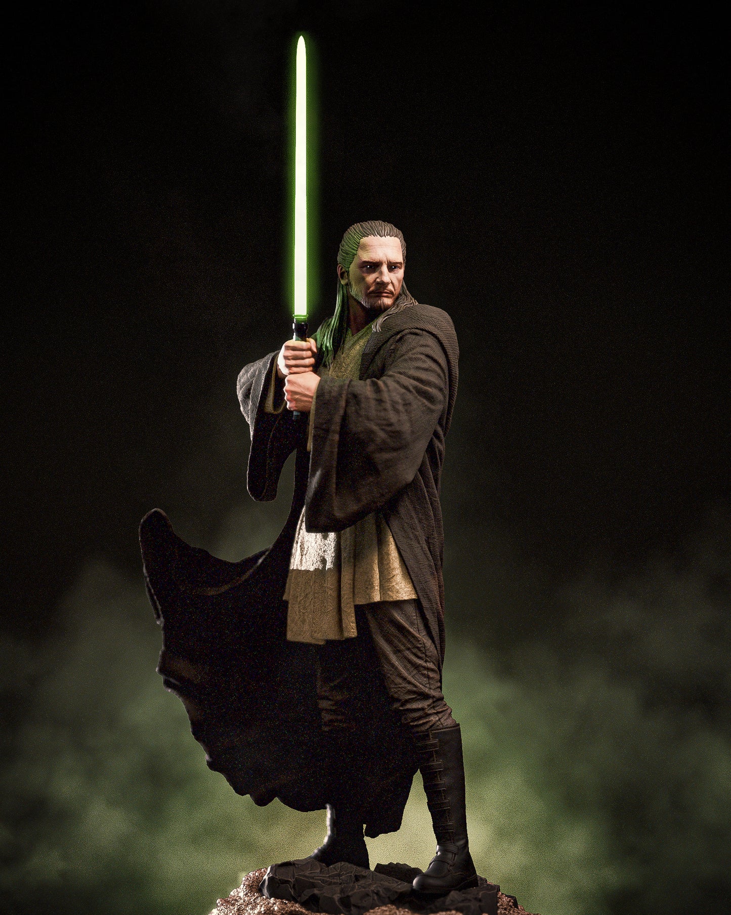 Painted Qui-Gon Jinn statue with glowing green lightsaber.