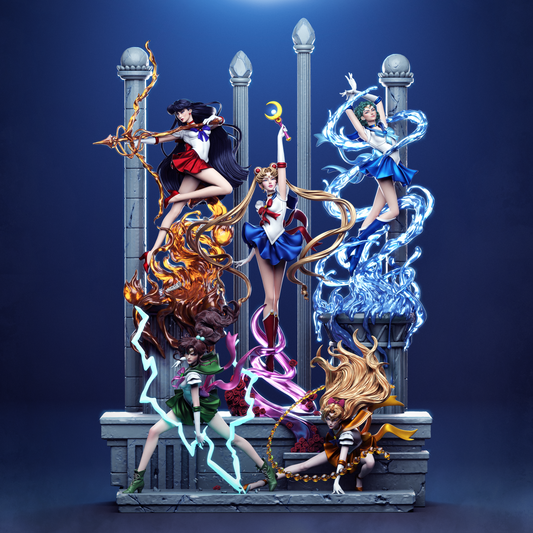 Close-up of magical guardian face sculpt and anime-style costume details.