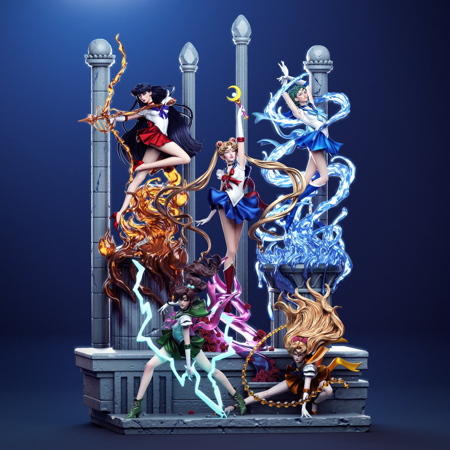 Painted Sailor Moon–style magical guardian statue with glowing pastel colors and anime shading.