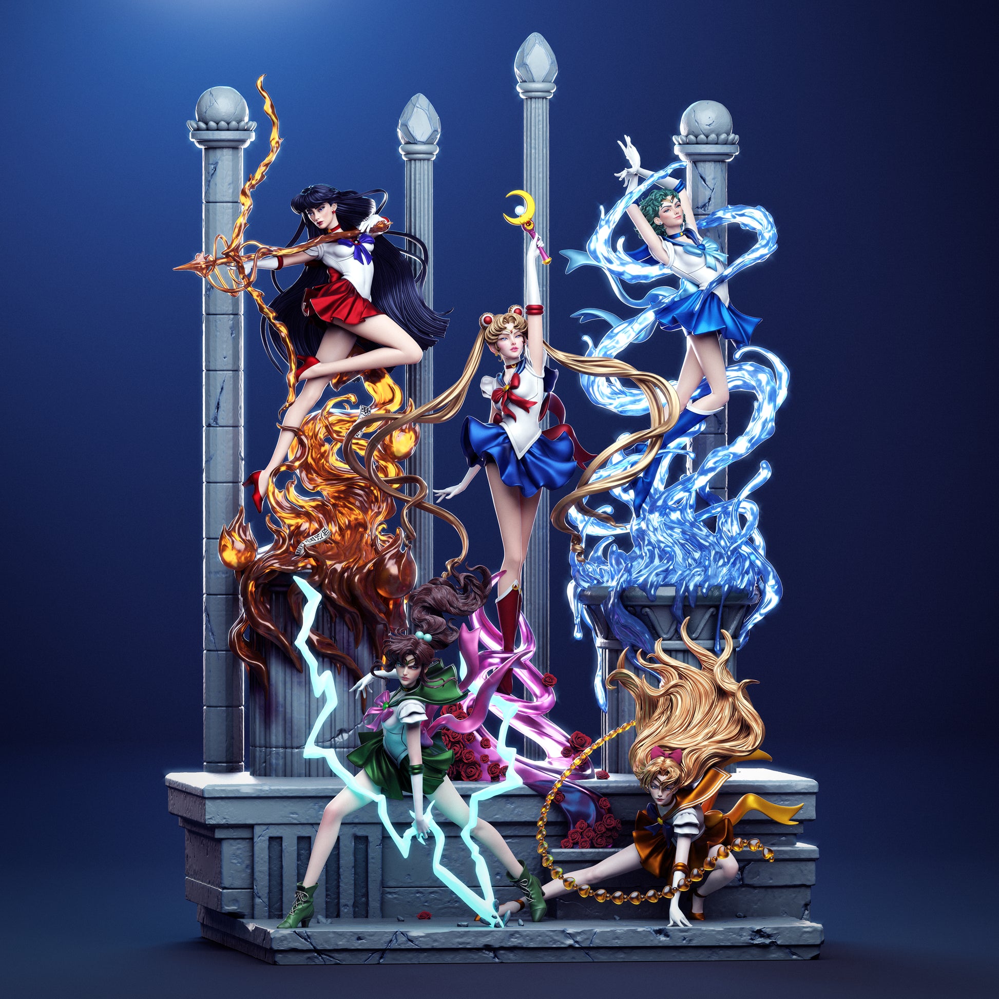 Painted Sailor Moon–style magical guardian statue with glowing pastel colors and anime shading.