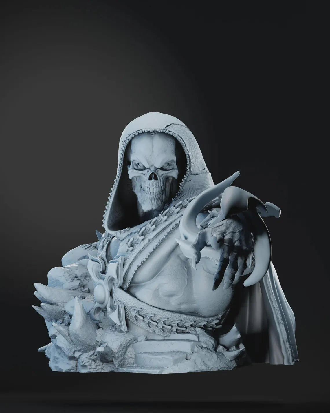 Close-up of Skeletor’s skull face and detailed armored torso.